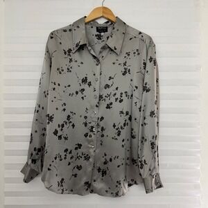 Style & Co. Collection Woman 100% Silk Blouse 18W Silver Grey Black Floral Shirt